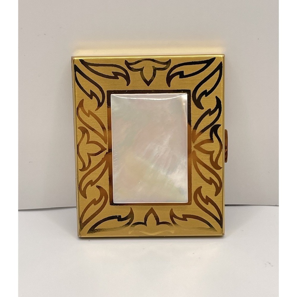 Vintage Elgin American Gold Tone‎ Etched Makeup Compact Mirror Mother Of Pearl